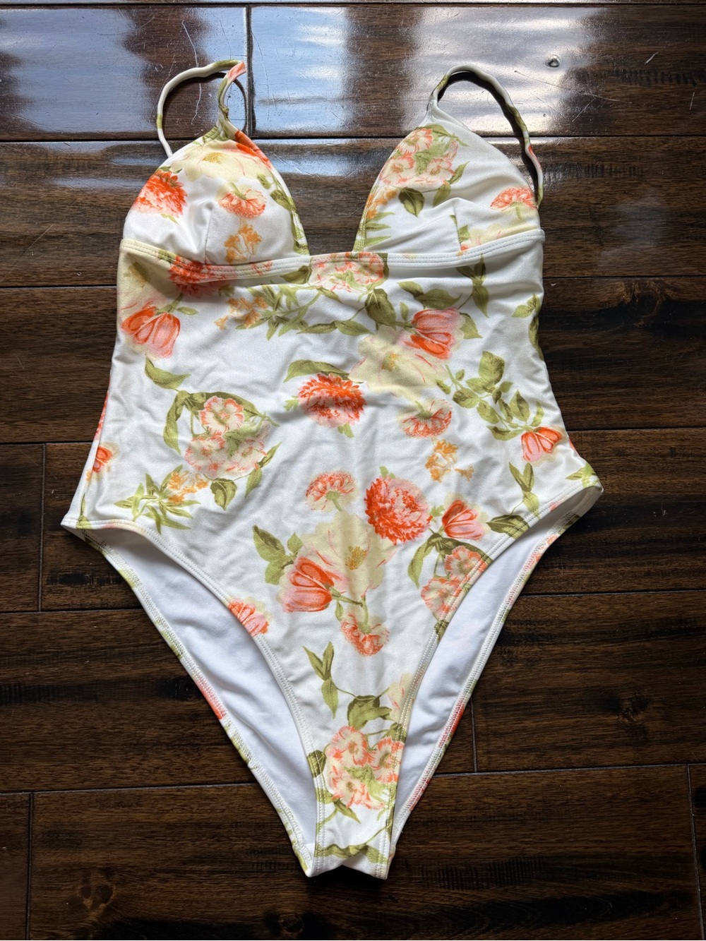 Forever 21 White One-Piece Swimsuit with Coral Floral Print